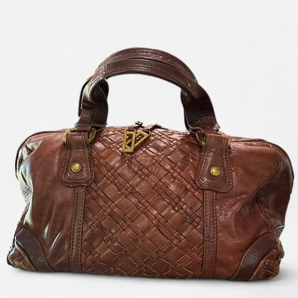 Elliot Lucca Brown Leather Satchel Y2K Woven Detail Top Handle Bag